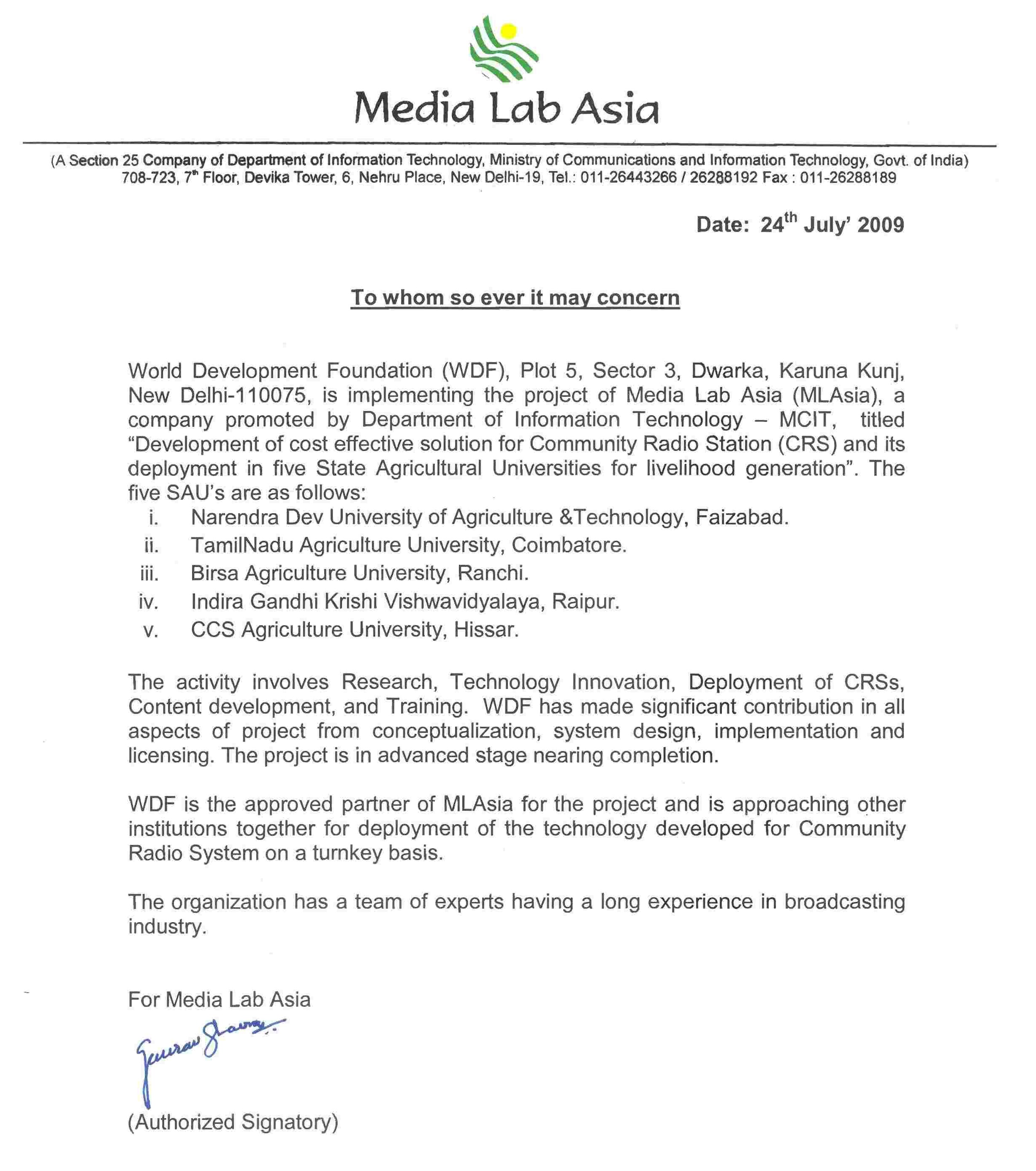 World Development Foundation partners MLA, MCIT GOI